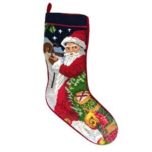 Vintage Needle Crafts Handmade Needlepoint Embroidery Christmas Stocking Santa